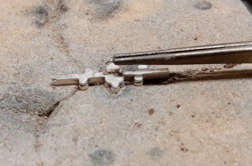 Judy Larson's Broken  AKA Bits and Pieces Dish Jewelry - , Metalwork, Filing, Finishing, Tumbling, Tumble, Tumbling Jewelry, Butane Torch, Soldering, Solder, Design, solder the loop to the t bar